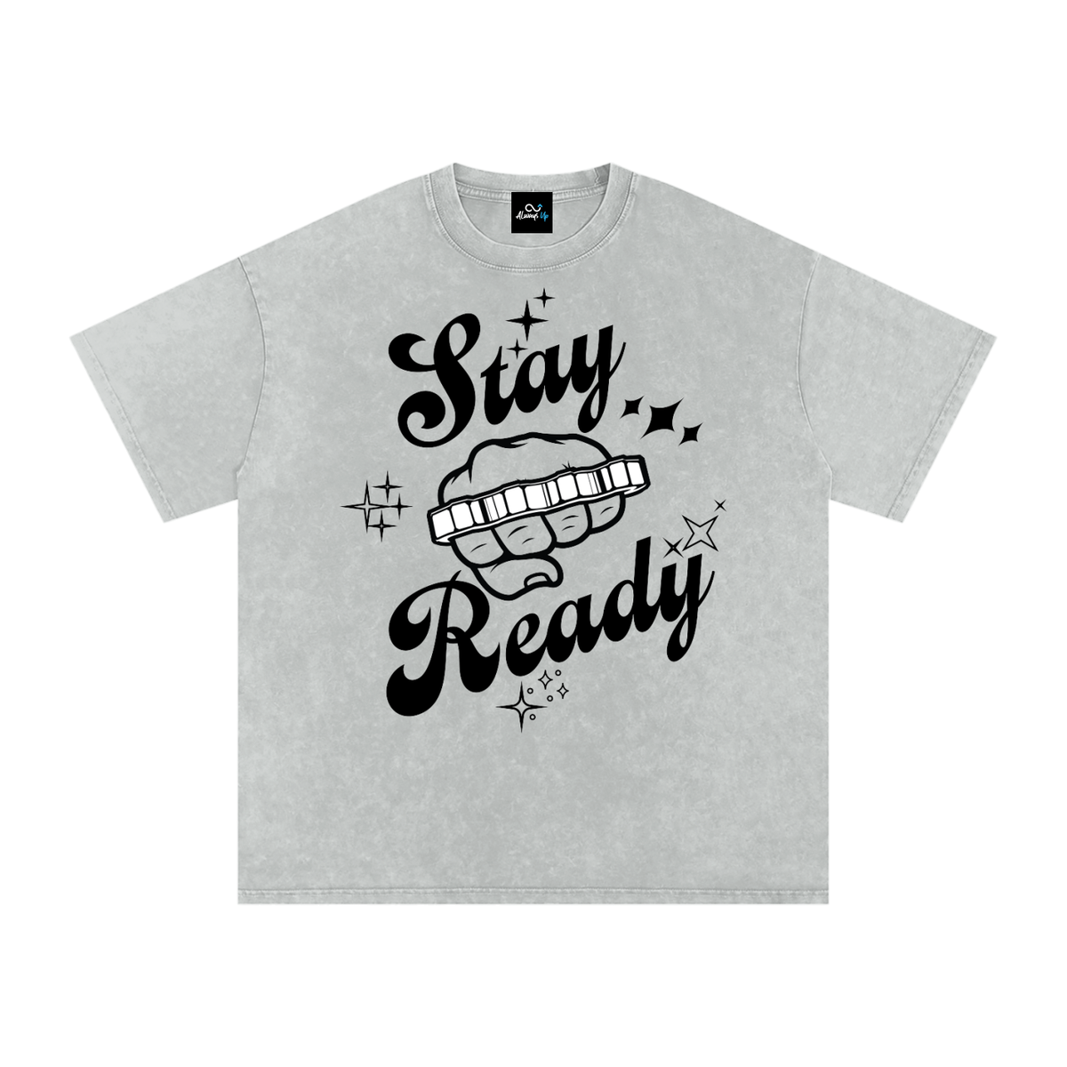 "Stay Ready-Knuckles" Snow Washed Oversized Cotton T-Shirt Dark Print