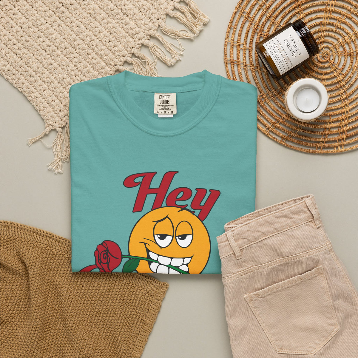 Hey Gorgeous T-Shirt — Vintage Smiley with Rose Graphic