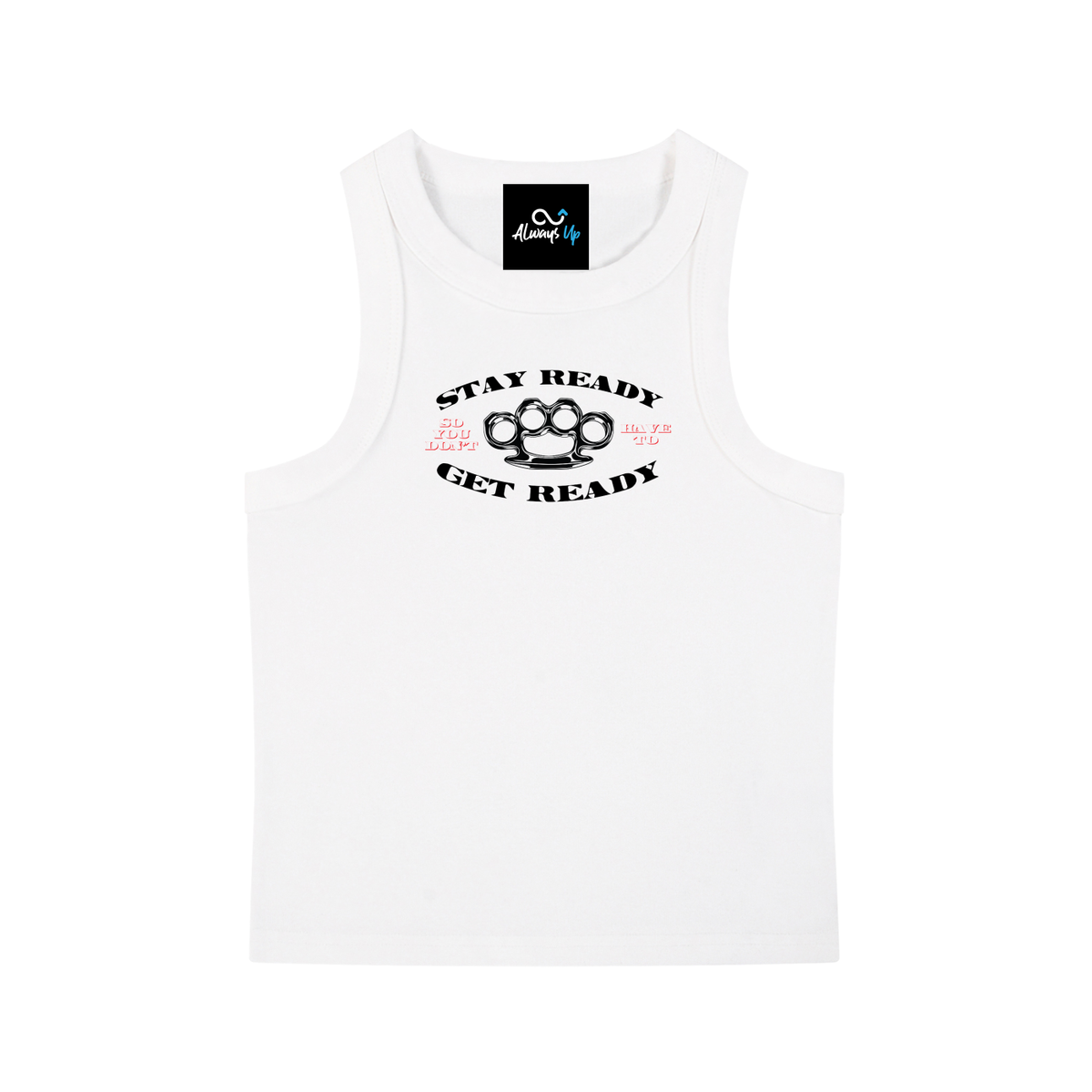 "Stay Ready" Snow Washed Tank Top (Black/Red Text)