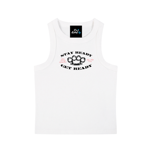 "Stay Ready" Snow Washed Tank Top (Black/Red Text)