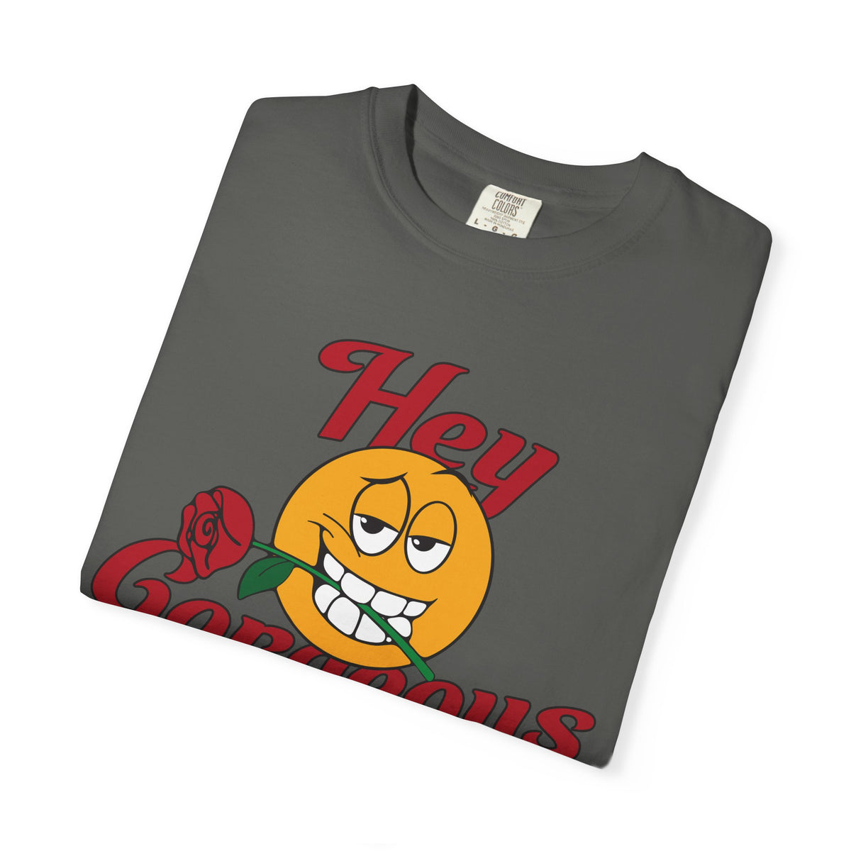 Hey Gorgeous T-Shirt — Vintage Smiley with Rose Graphic