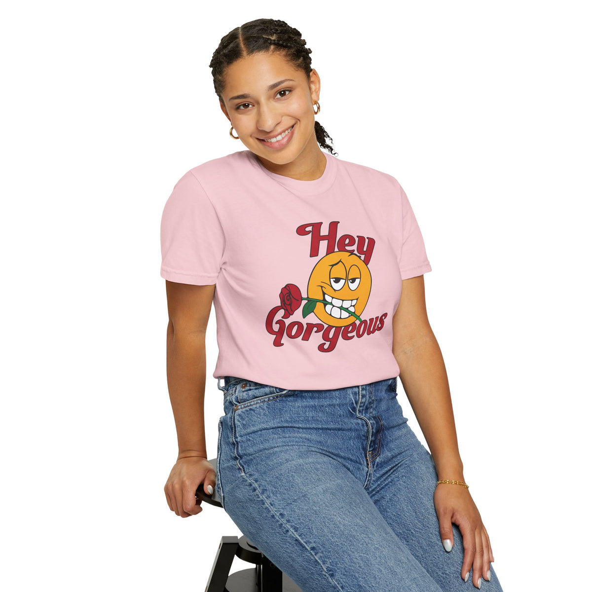 Hey Gorgeous T-Shirt — Vintage Smiley with Rose Graphic