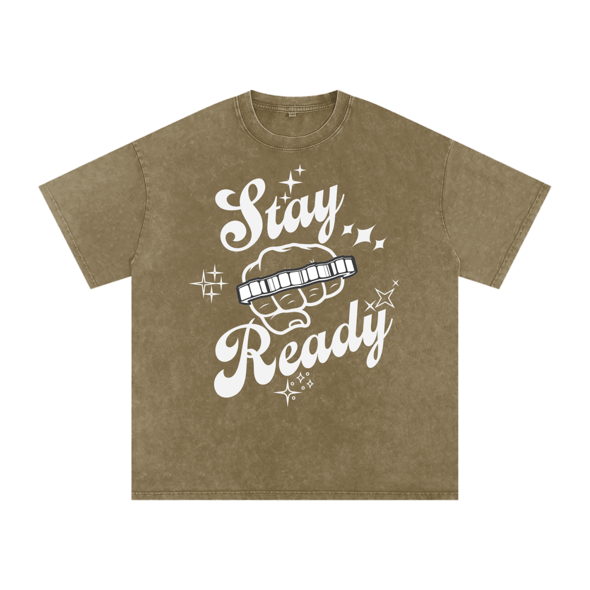"Stay Ready-Knuckles" Snow Washed Oversized Cotton T-Shirt Light Print