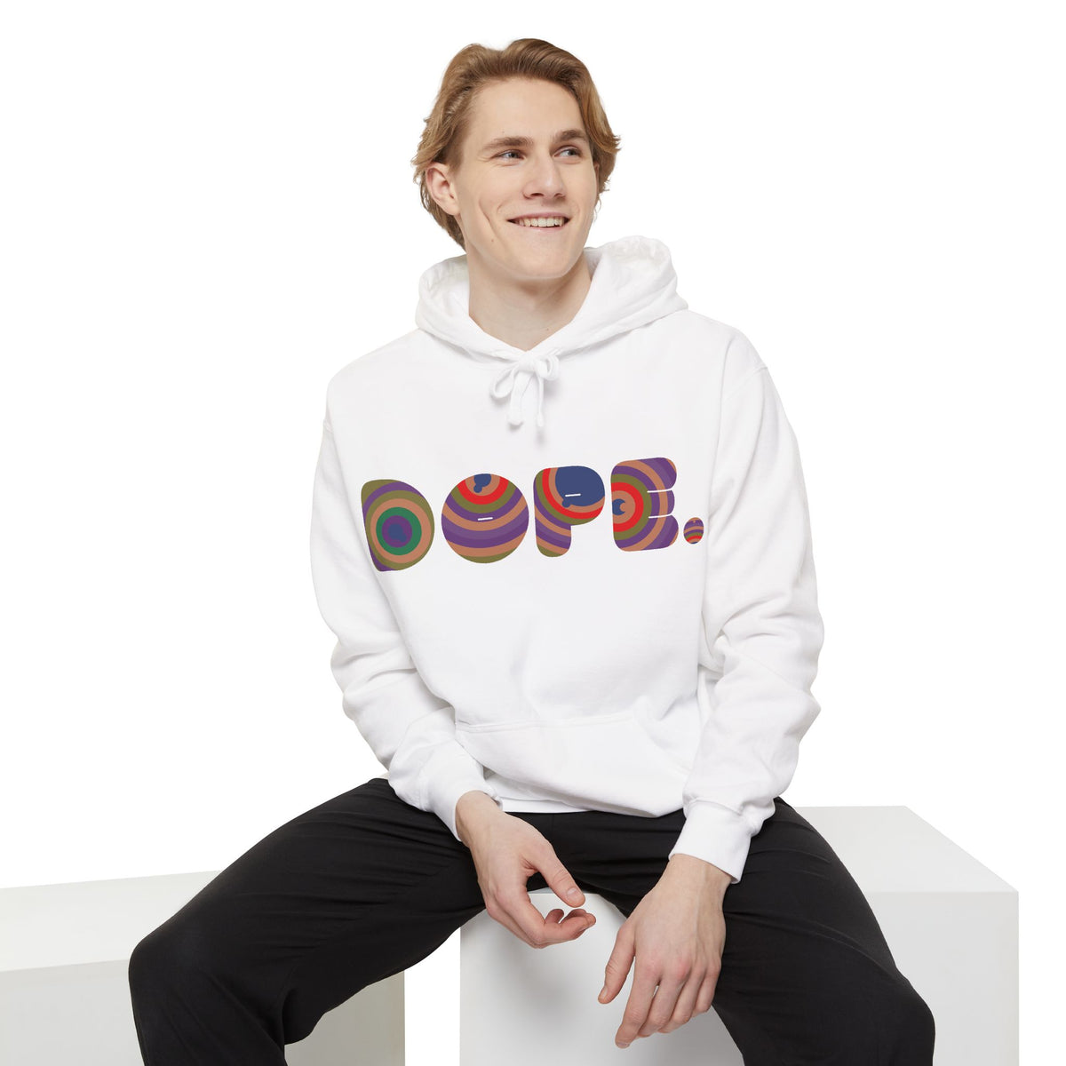 Colorful 'DOPE' Retro Circle Letters Hoodie | Psychedelic 70s Text Design