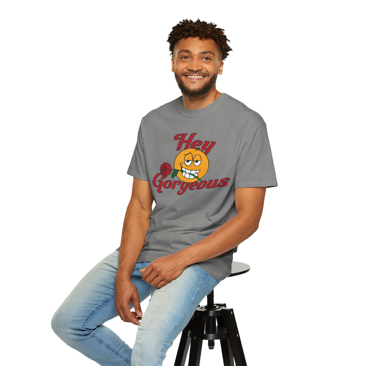 Hey Gorgeous T-Shirt — Vintage Smiley with Rose Graphic