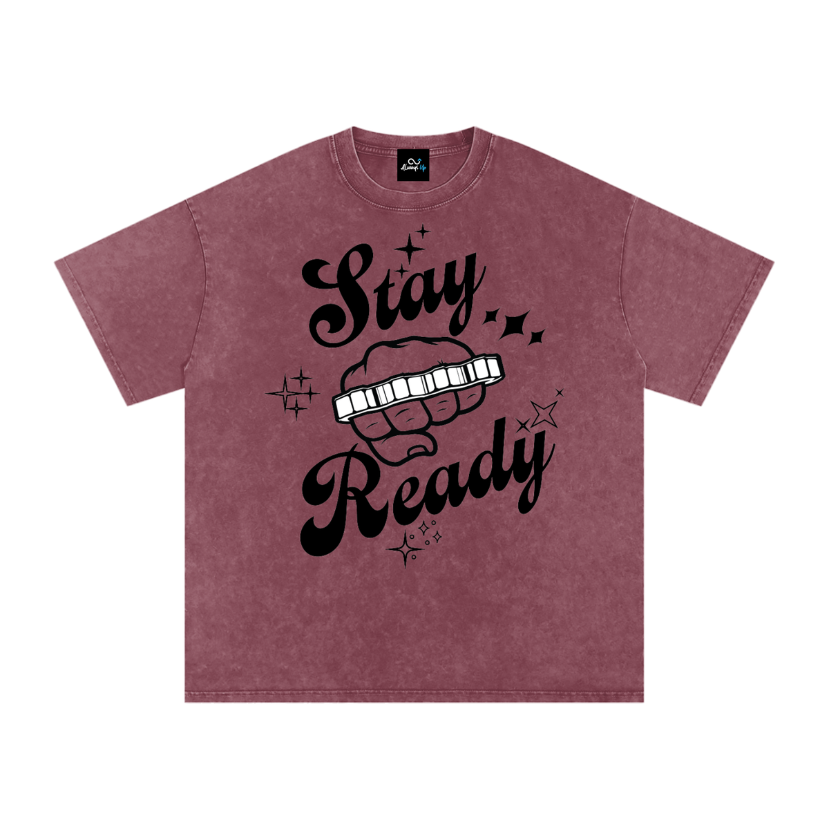 "Stay Ready-Knuckles" Snow Washed Oversized Cotton T-Shirt Dark Print