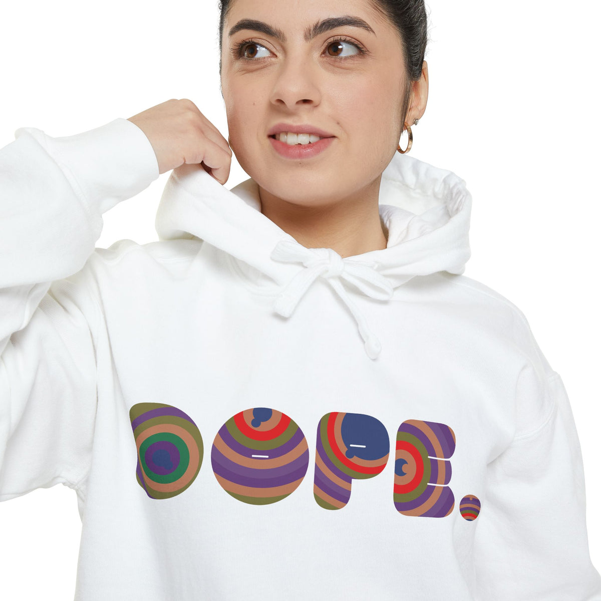 Colorful 'DOPE' Retro Circle Letters Hoodie | Psychedelic 70s Text Design