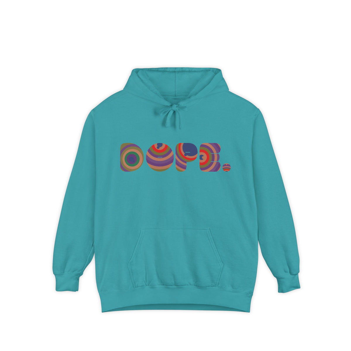 Colorful 'DOPE' Retro Circle Letters Hoodie | Psychedelic 70s Text Design