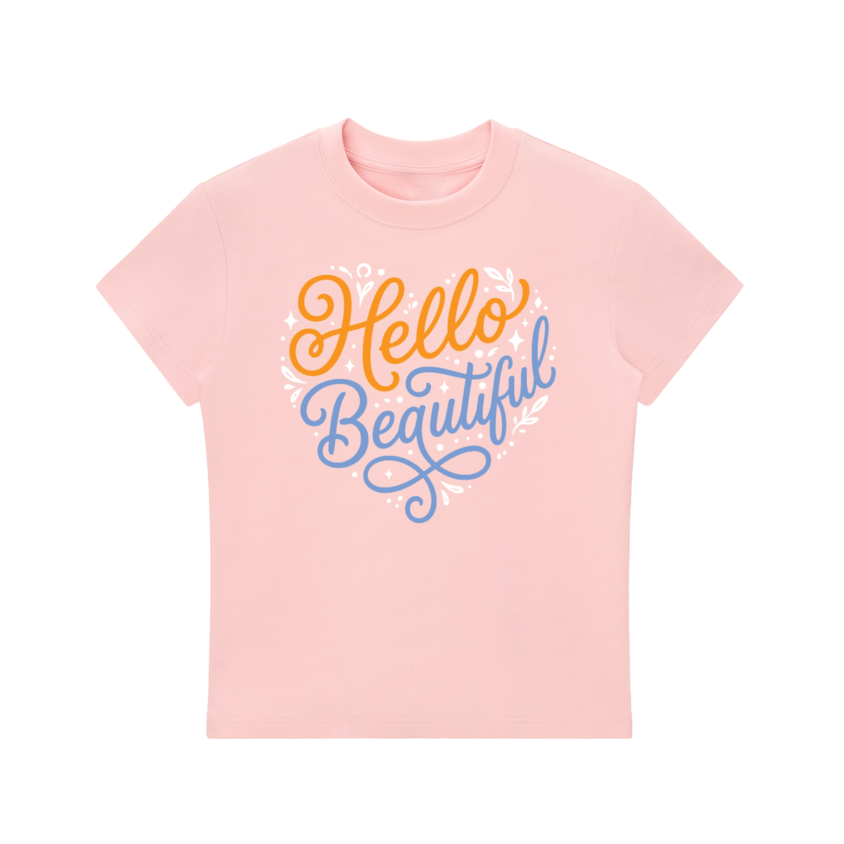"Hello Beautiful" Essential Bodycon Crewneck T-Shirt (Orange/ Blue)