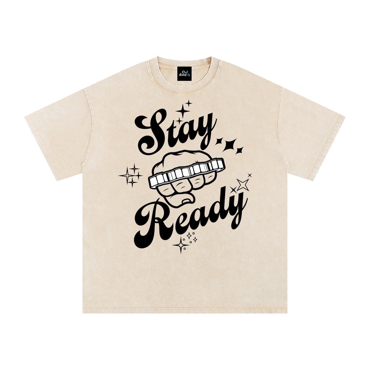 "Stay Ready-Knuckles" Snow Washed Oversized Cotton T-Shirt Dark Print