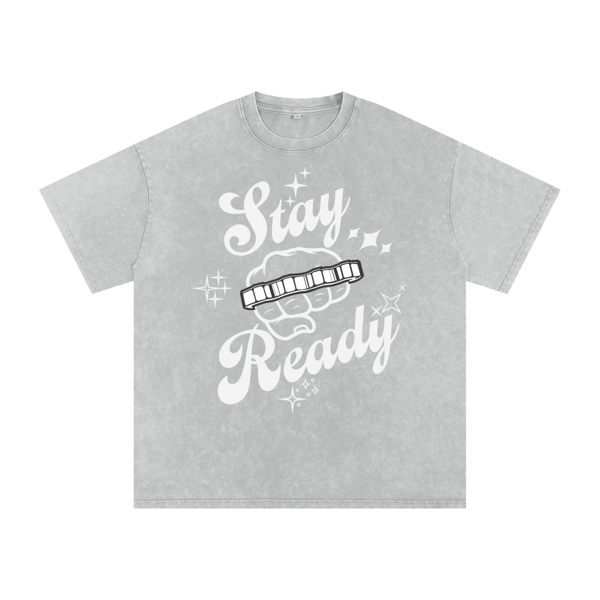 "Stay Ready-Knuckles" Snow Washed Oversized Cotton T-Shirt Light Print