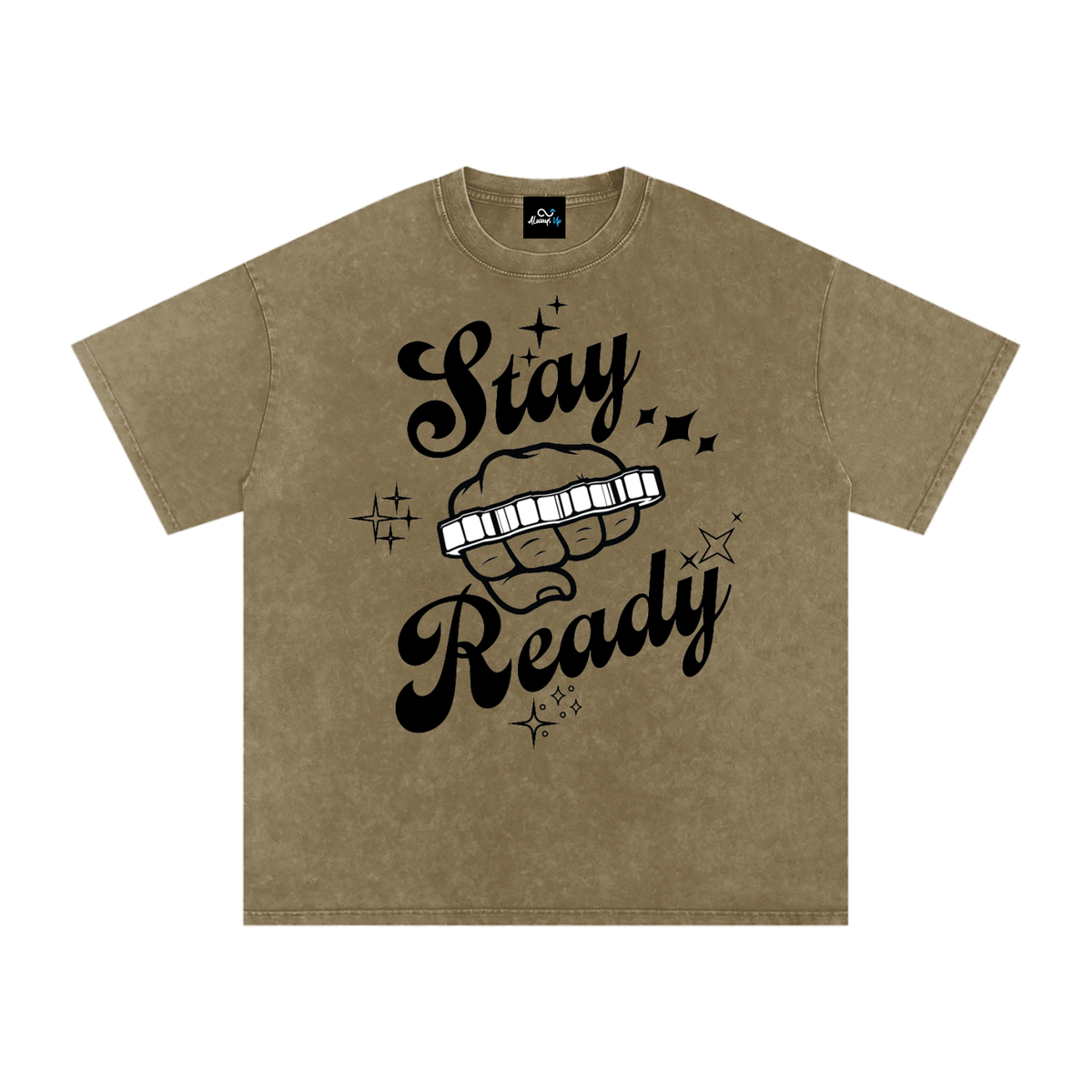 "Stay Ready-Knuckles" Snow Washed Oversized Cotton T-Shirt Dark Print