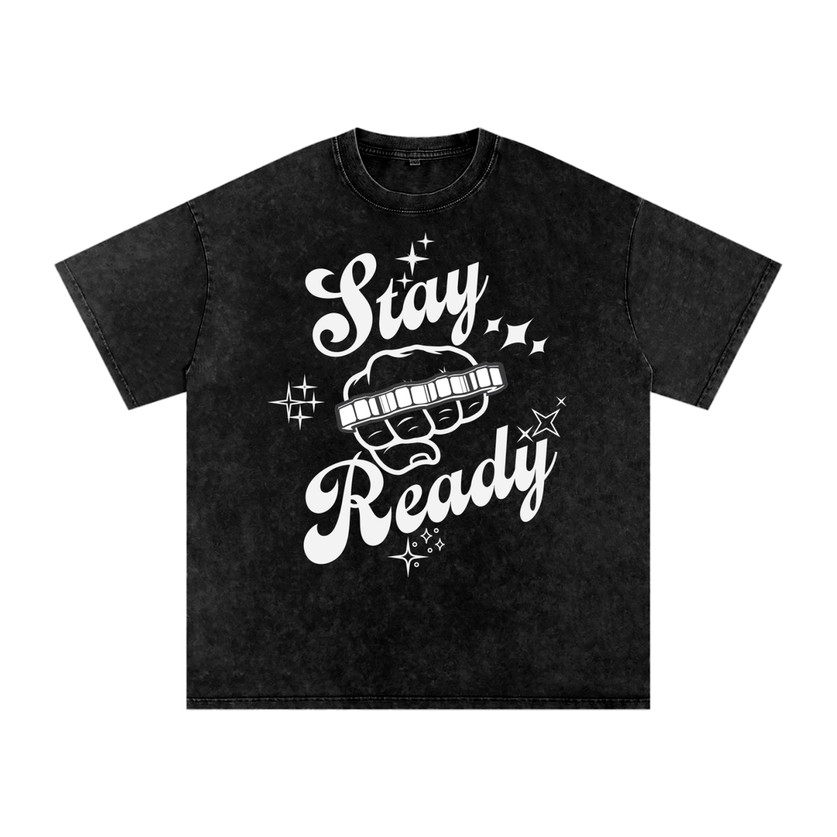"Stay Ready-Knuckles" Snow Washed Oversized Cotton T-Shirt Light Print