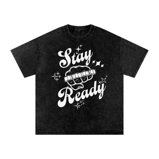 "Stay Ready-Knuckles" Snow Washed Oversized Cotton T-Shirt Light Print