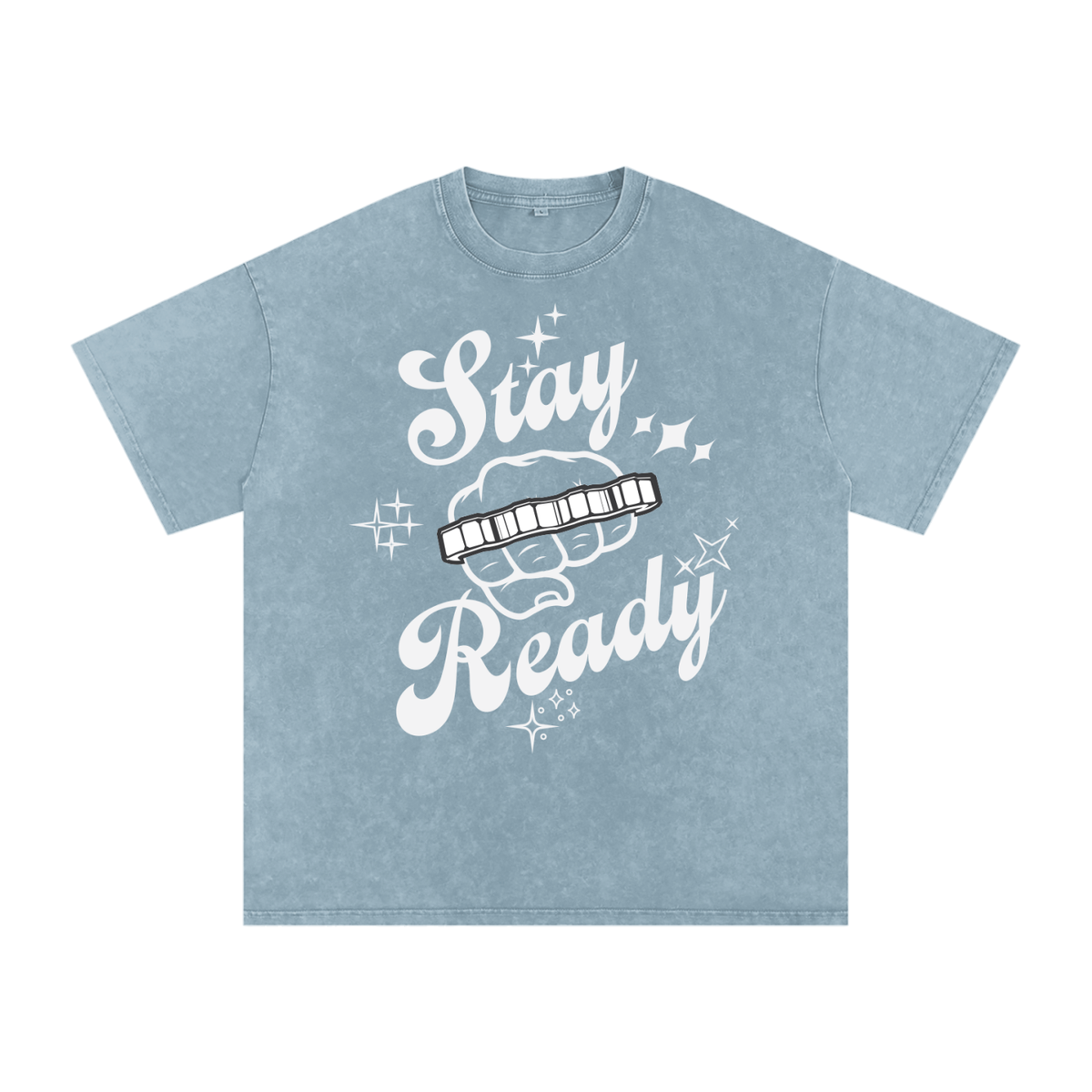 "Stay Ready-Knuckles" Snow Washed Oversized Cotton T-Shirt Light Print