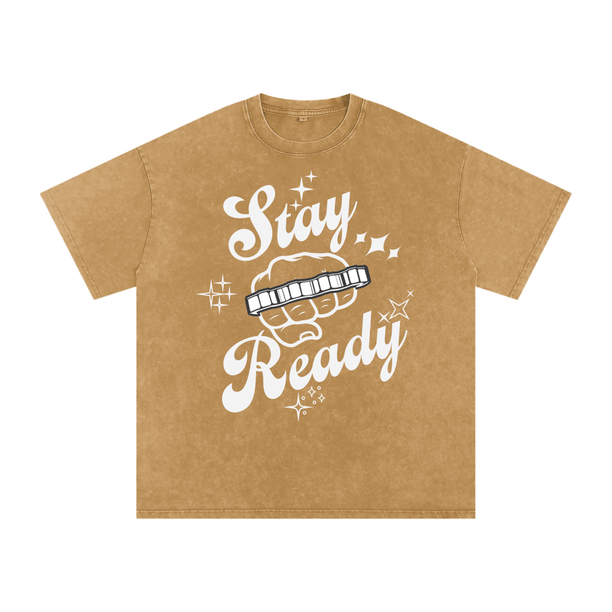 "Stay Ready-Knuckles" Snow Washed Oversized Cotton T-Shirt Light Print