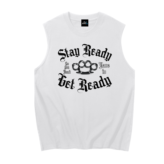 "Stay Ready" Men's Sleeveless Cotton Tank Top Black print