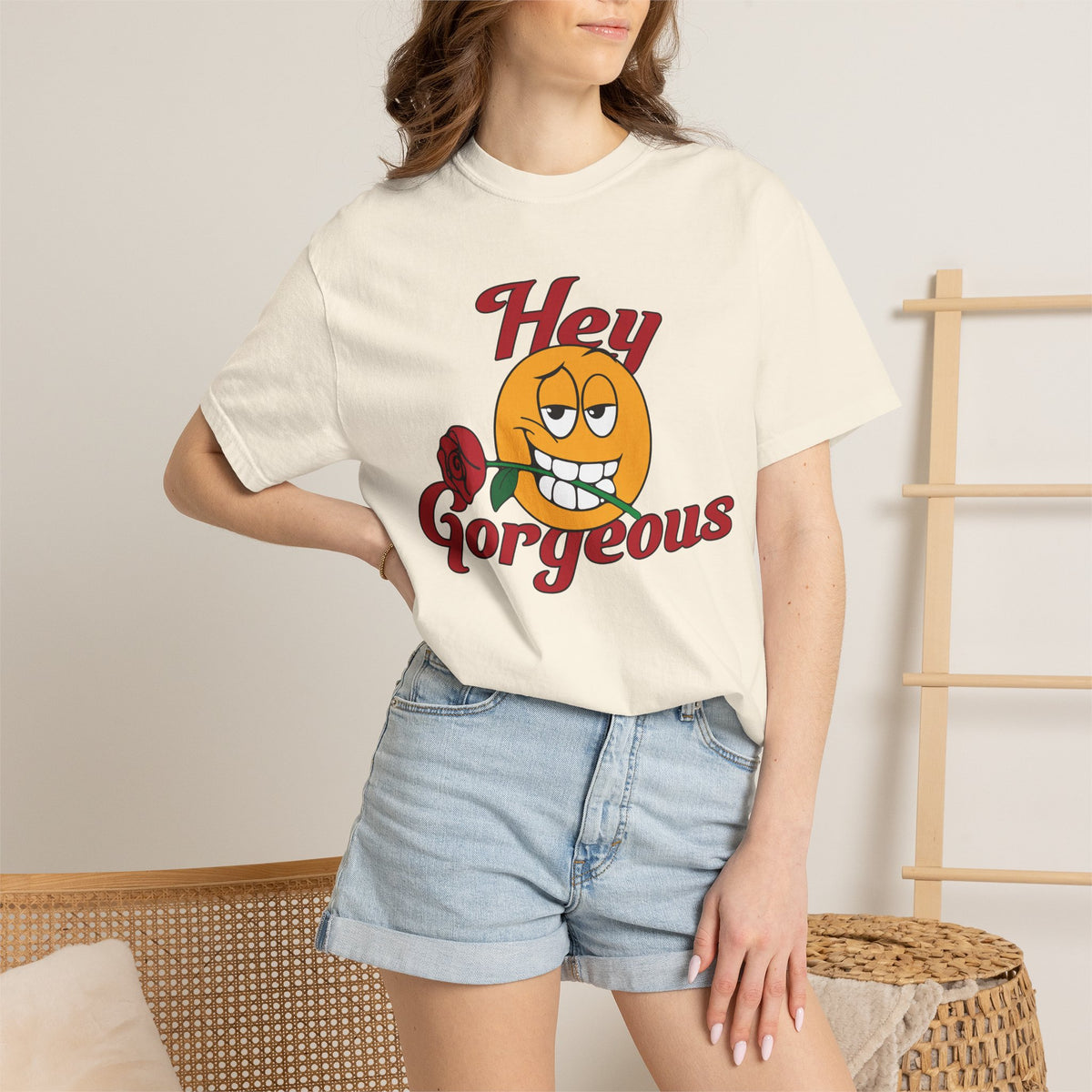 Hey Gorgeous T-Shirt — Vintage Smiley with Rose Graphic