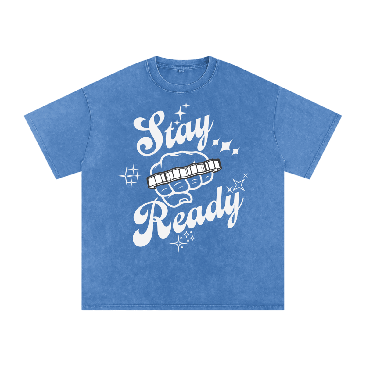 "Stay Ready-Knuckles" Snow Washed Oversized Cotton T-Shirt Light Print