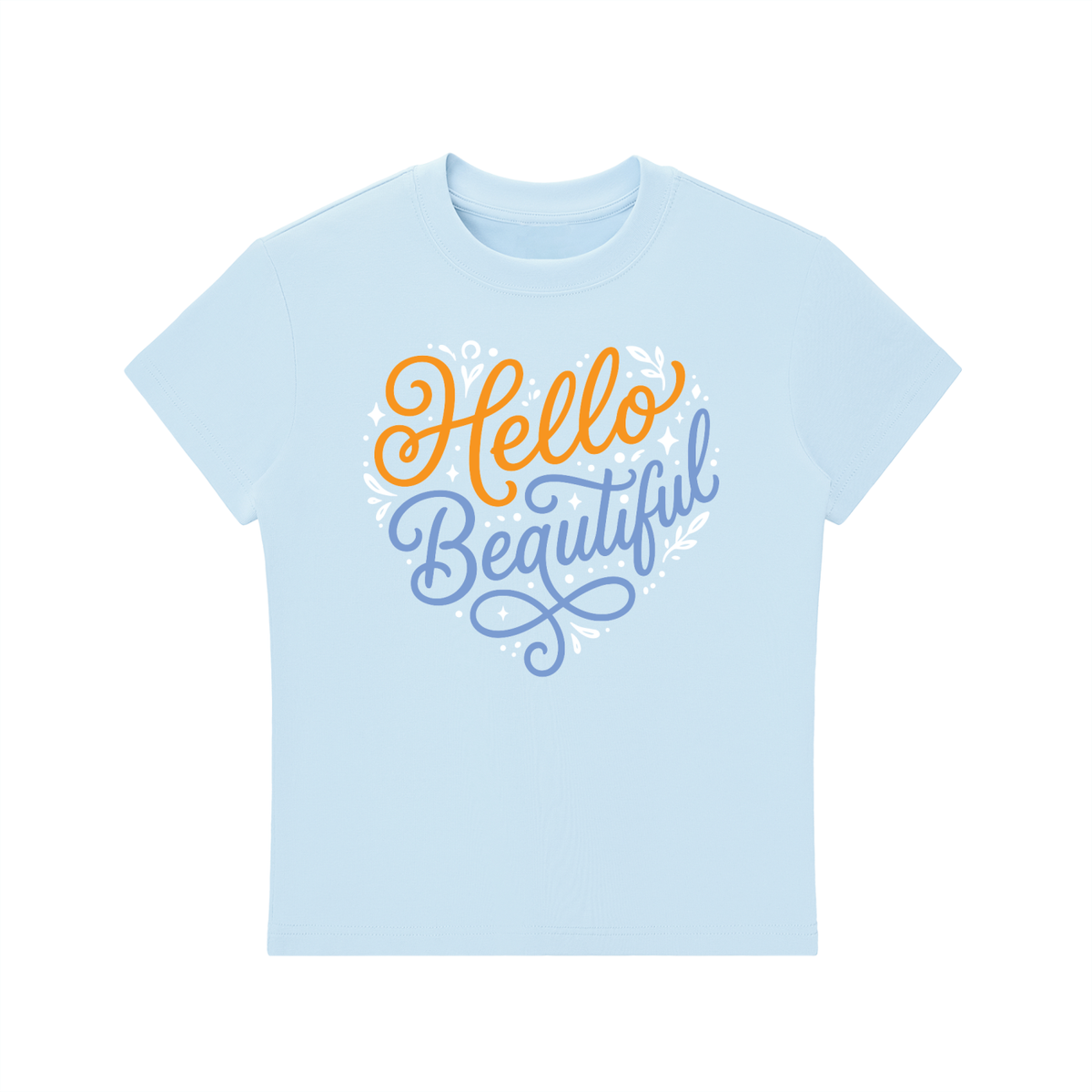 "Hello Beautiful" Essential Bodycon Crewneck T-Shirt (Orange/ Blue)