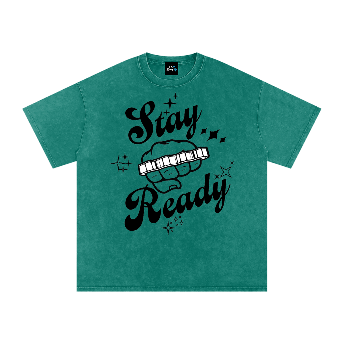 "Stay Ready-Knuckles" Snow Washed Oversized Cotton T-Shirt Dark Print
