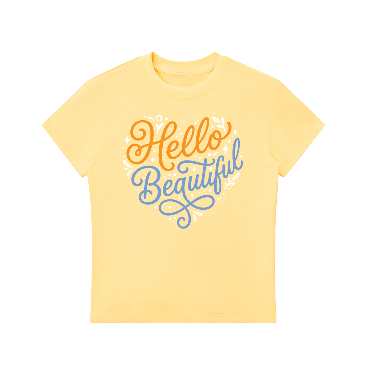 "Hello Beautiful" Essential Bodycon Crewneck T-Shirt (Orange/ Blue)