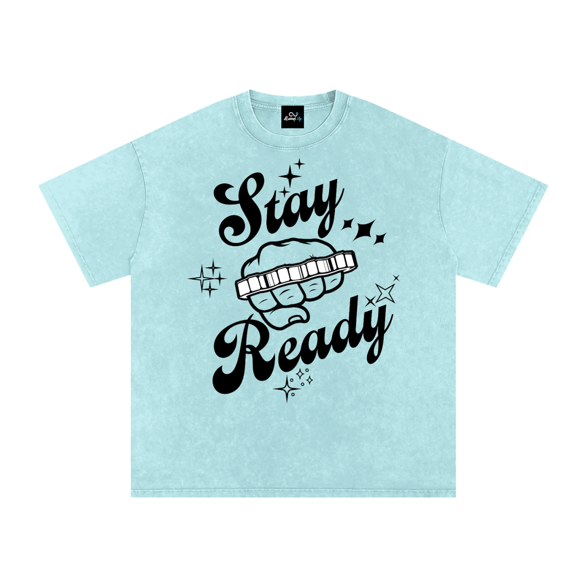 "Stay Ready-Knuckles" Snow Washed Oversized Cotton T-Shirt Dark Print