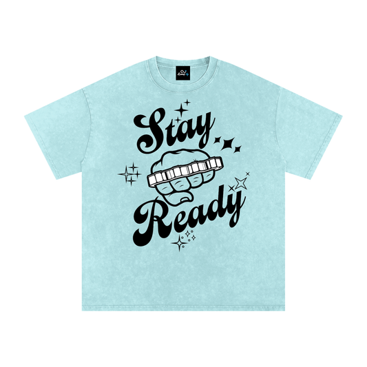"Stay Ready-Knuckles" Snow Washed Oversized Cotton T-Shirt Dark Print