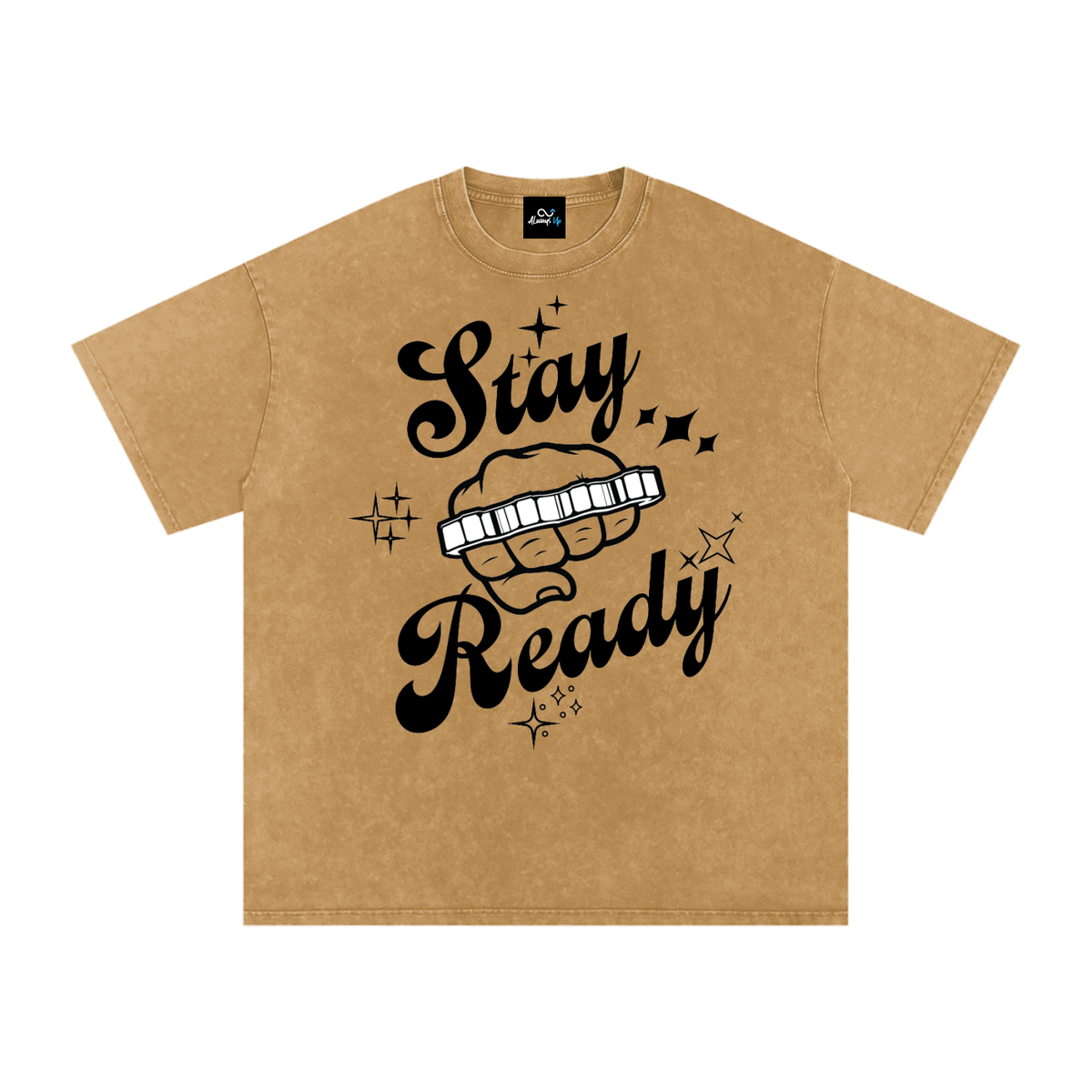 "Stay Ready-Knuckles" Snow Washed Oversized Cotton T-Shirt Dark Print