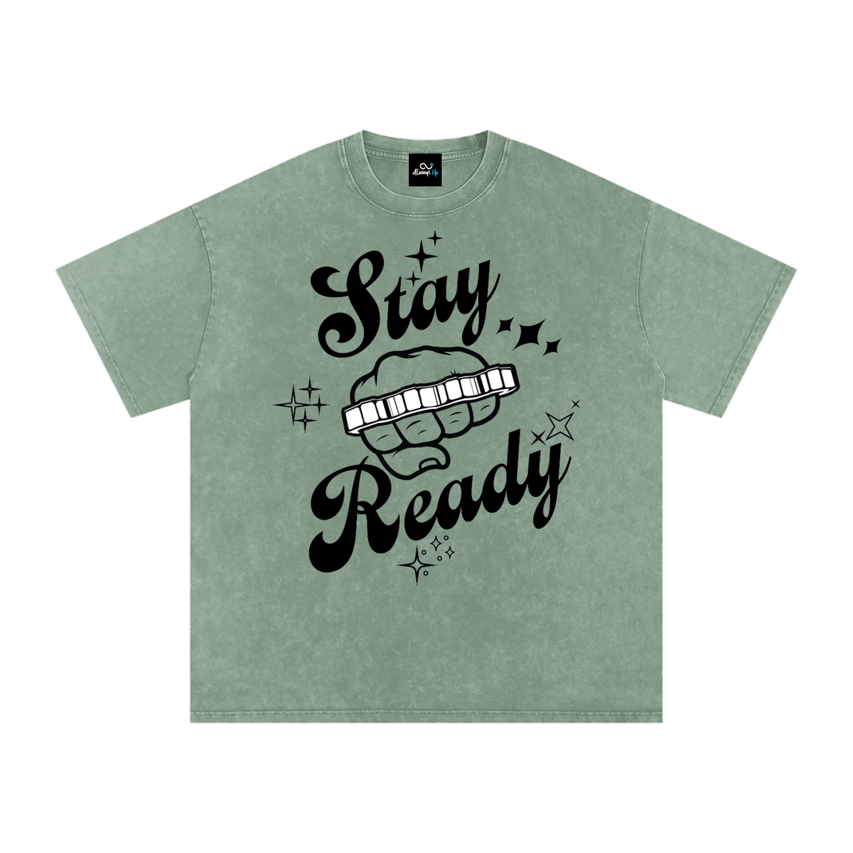 "Stay Ready-Knuckles" Snow Washed Oversized Cotton T-Shirt Dark Print