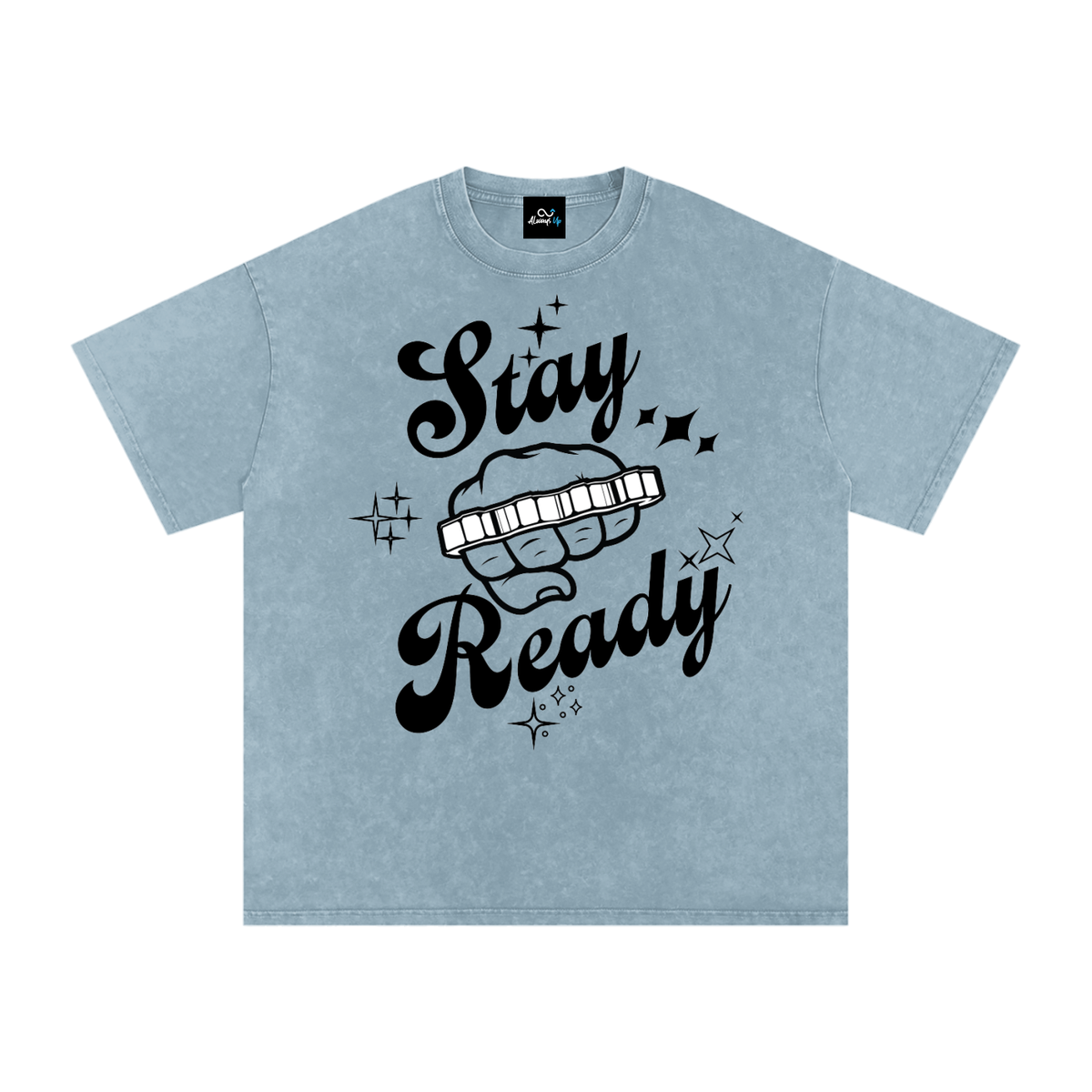 "Stay Ready-Knuckles" Snow Washed Oversized Cotton T-Shirt Dark Print
