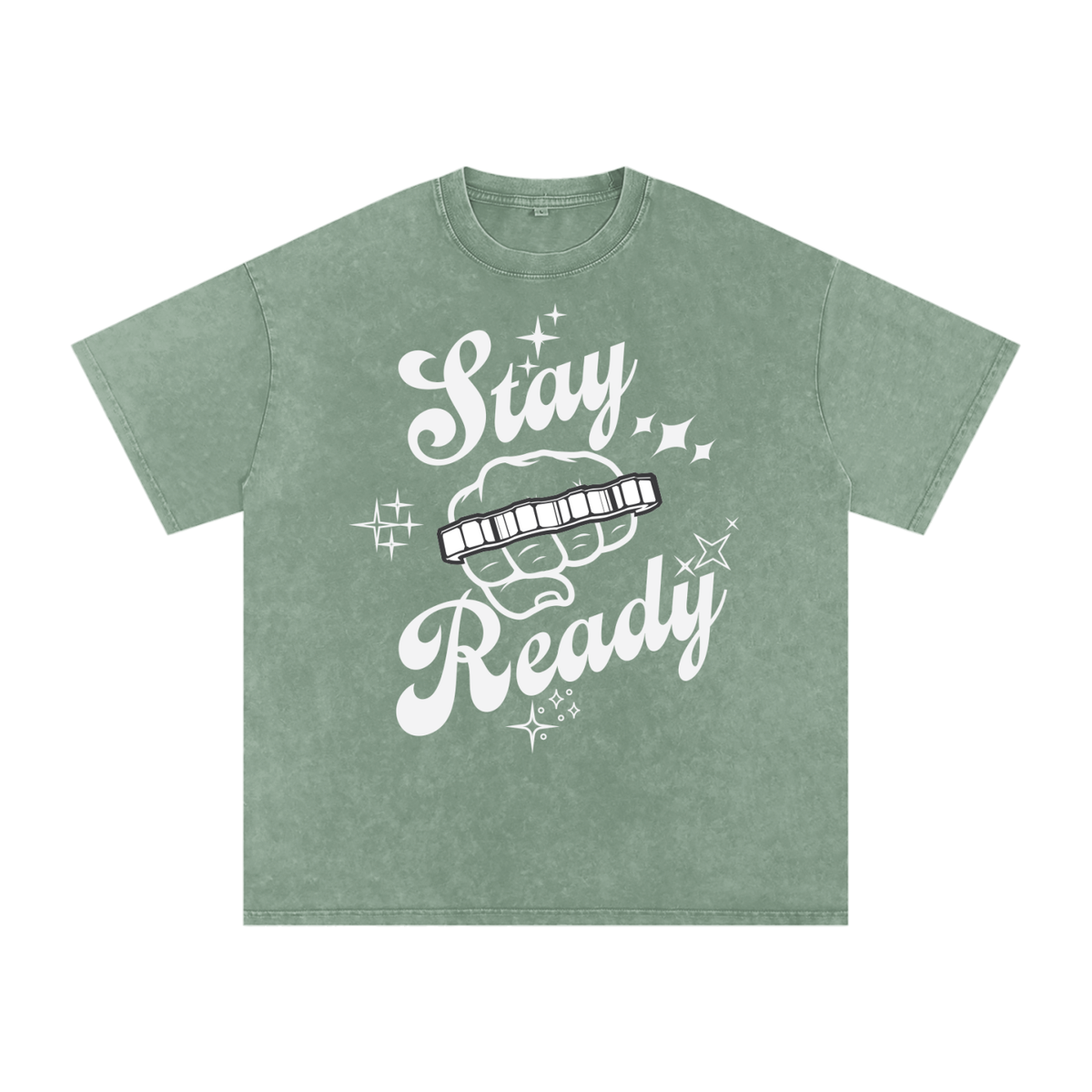 "Stay Ready-Knuckles" Snow Washed Oversized Cotton T-Shirt Light Print
