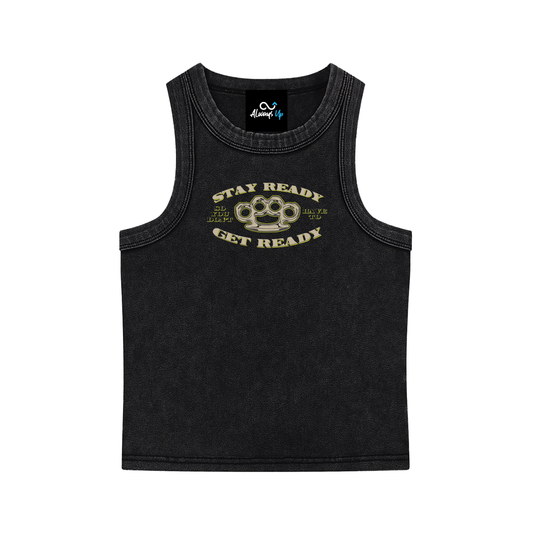 "Stay Ready" Snow Washed Tank Top (Green Text)