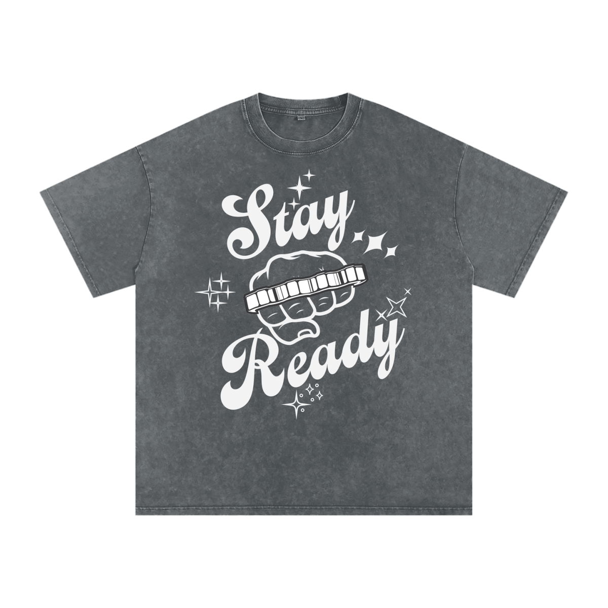 "Stay Ready-Knuckles" Snow Washed Oversized Cotton T-Shirt Light Print