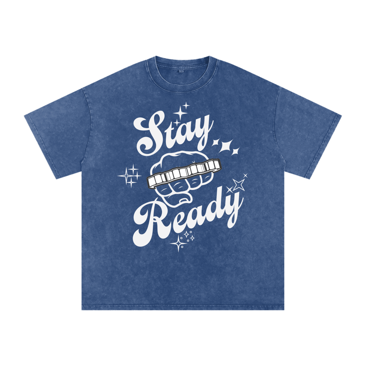 "Stay Ready-Knuckles" Snow Washed Oversized Cotton T-Shirt Light Print