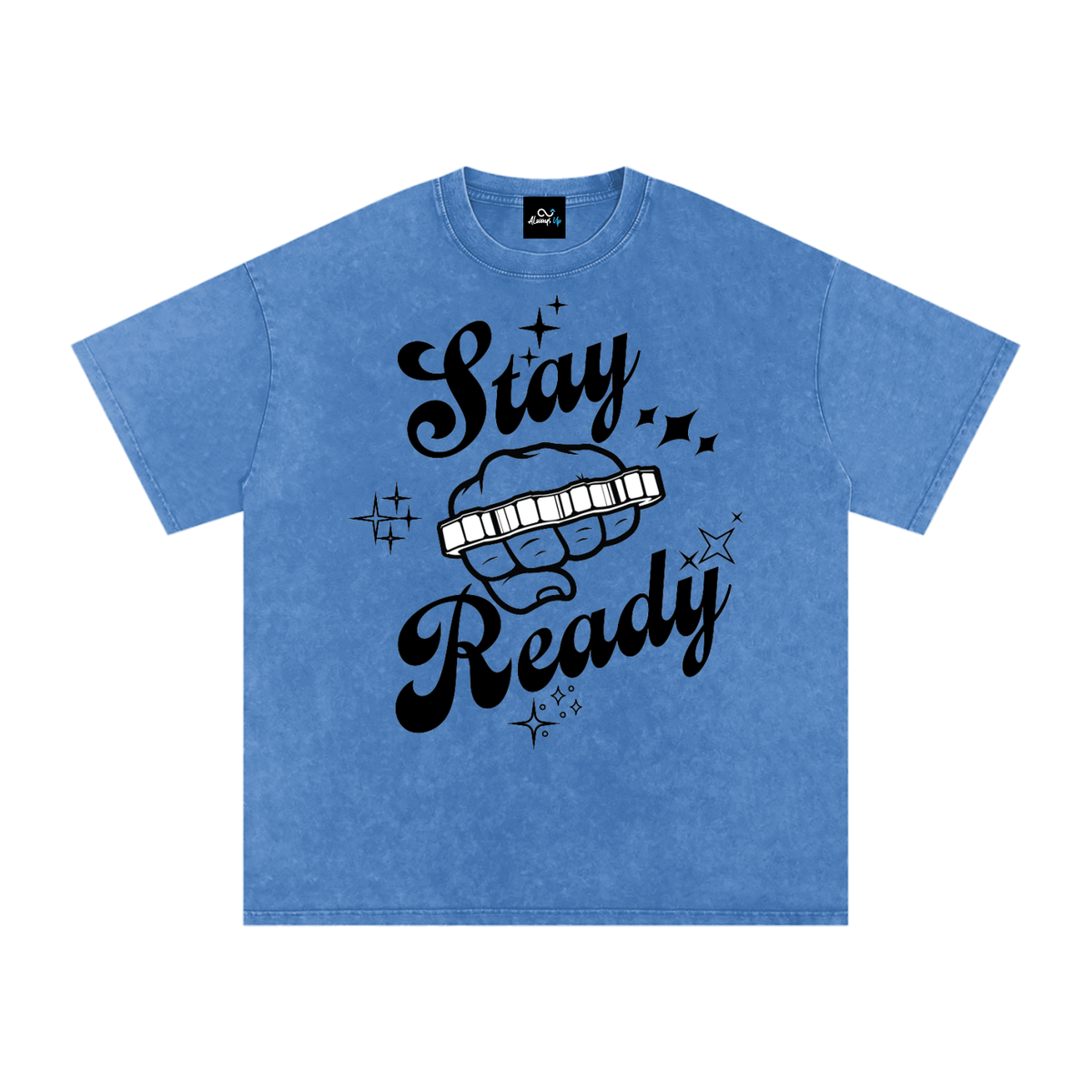 "Stay Ready-Knuckles" Snow Washed Oversized Cotton T-Shirt Dark Print