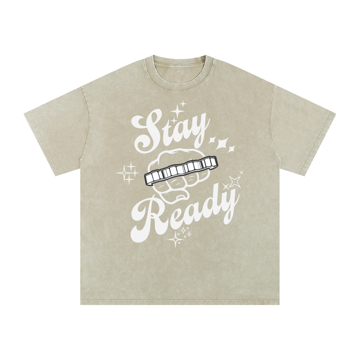 "Stay Ready-Knuckles" Snow Washed Oversized Cotton T-Shirt Light Print