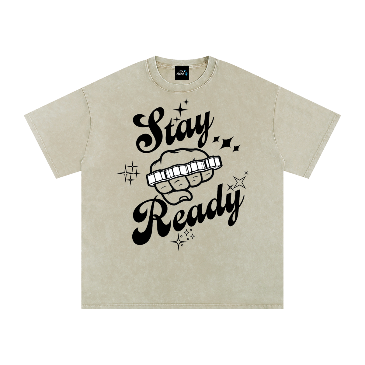 "Stay Ready-Knuckles" Snow Washed Oversized Cotton T-Shirt Dark Print