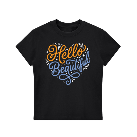 "Hello Beautiful" Essential Bodycon Crewneck T-Shirt (Orange/ Blue)