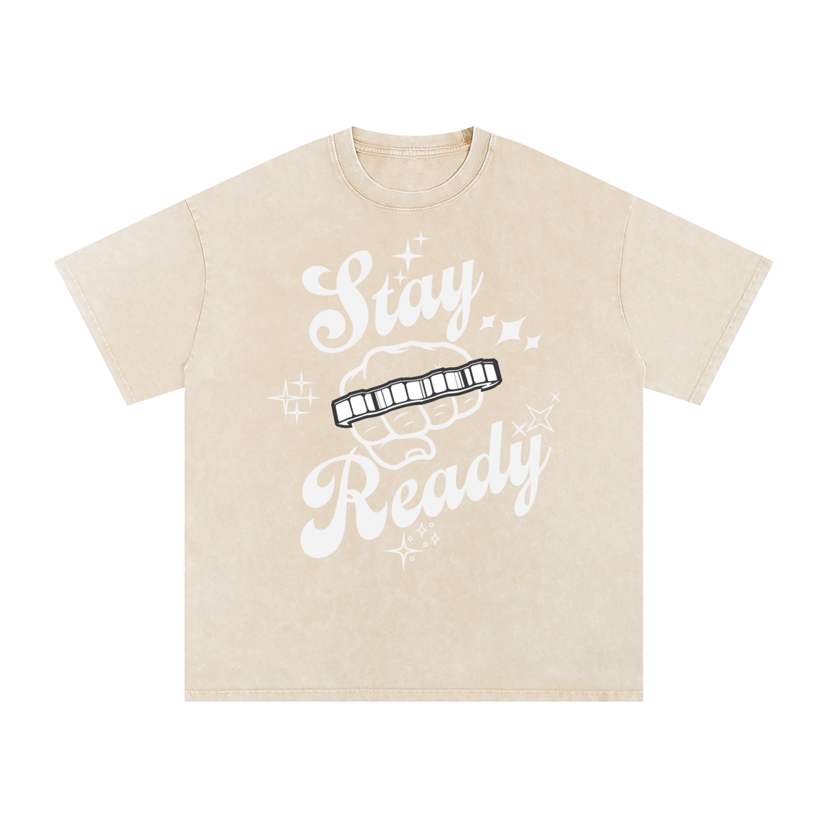 "Stay Ready-Knuckles" Snow Washed Oversized Cotton T-Shirt Light Print