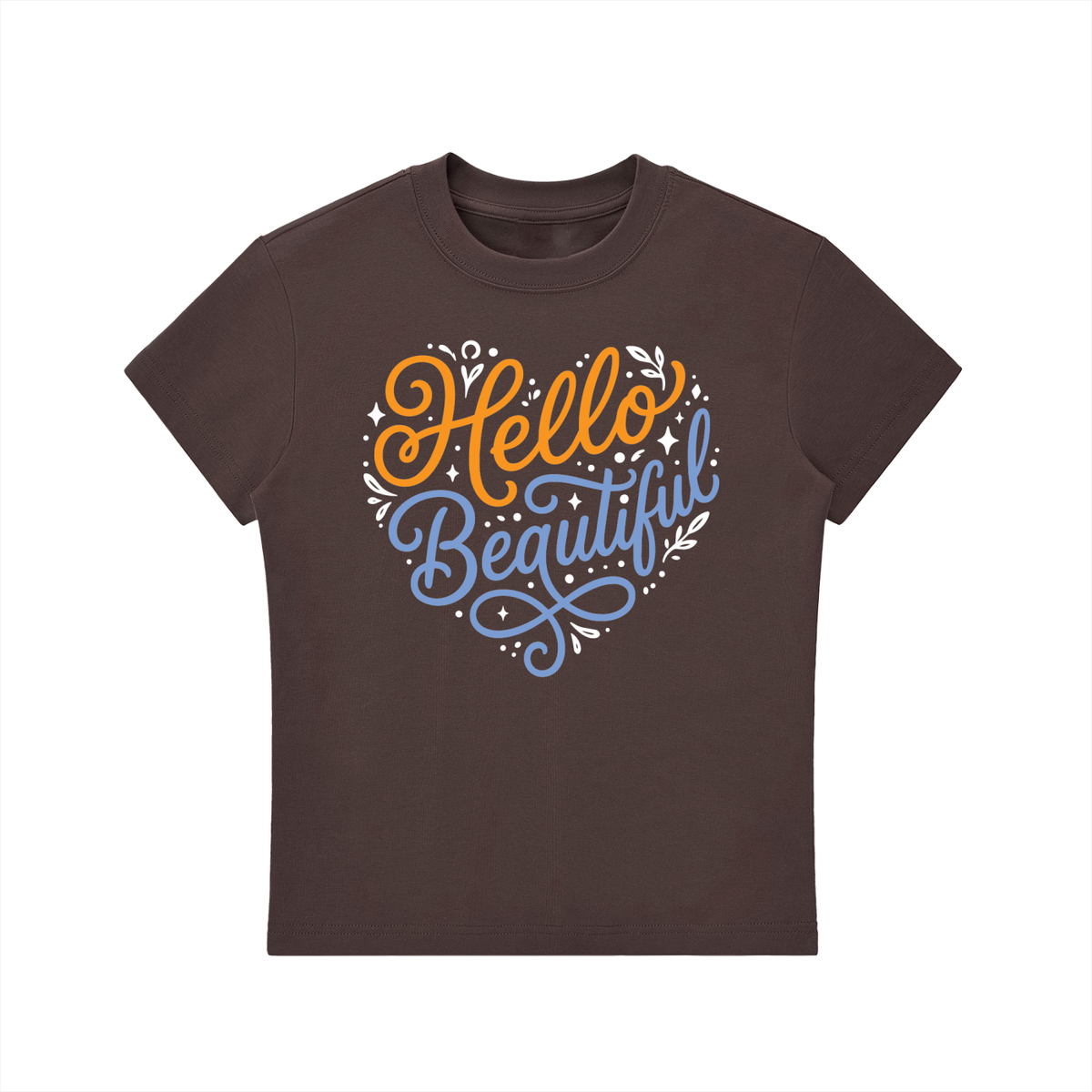 "Hello Beautiful" Essential Bodycon Crewneck T-Shirt (Orange/ Blue)