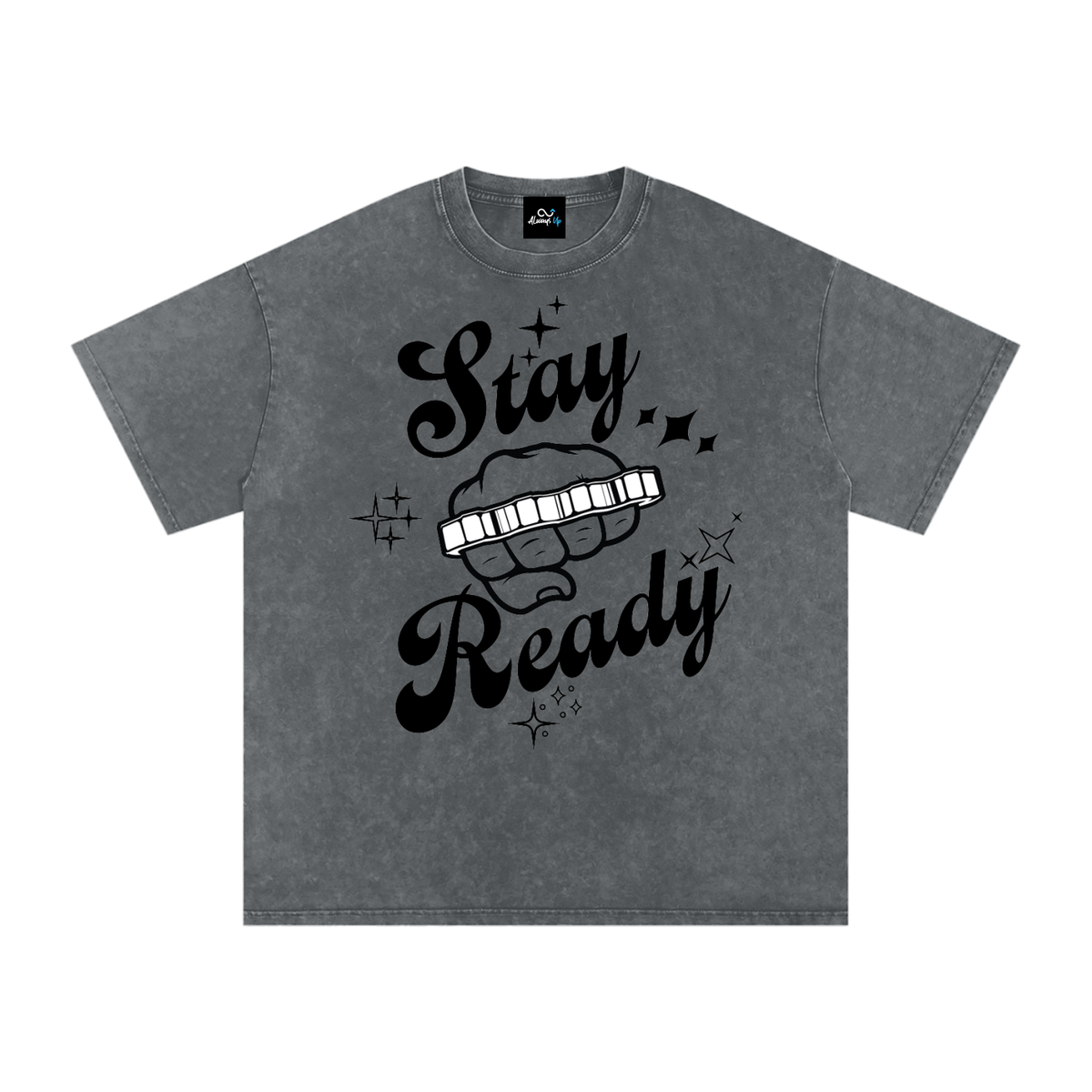 "Stay Ready-Knuckles" Snow Washed Oversized Cotton T-Shirt Dark Print